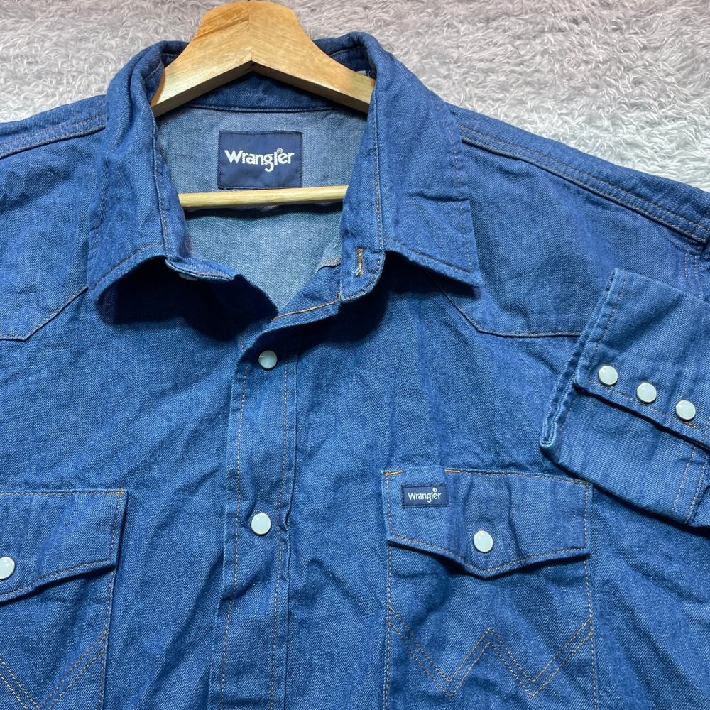 Wrangler Mens XXL Blue Denim Western Pearl Snap Long Sleeve Shirt Cowboy 0580